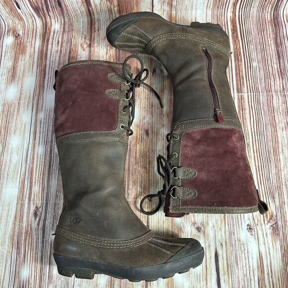 UGG Belcloud Sz 7 Maroon Suede Brown Leather Sheepskin Waterproof Tall Duck Boot - Picture 2 of 9